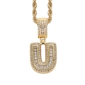 Close-up of hip hop gold letter U pendant with iced out baguette and round zircons - 3mm*60cm / U Gold + Stainless Steel Rope Chain