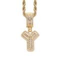 Detailed macro view of iced-out gold letter Y pendant with cubic zirconia on a rope chain - 3mm*60cm / Y Gold + Stainless Steel Rope Chain