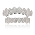 Silver hip hop grillz set with micro-paved white zircon stones on white background - Style 13 Set / Silver