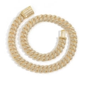 15mm gold Cuban link chain necklace with iced out baguette zircon stones in hip hop style - Standard Bracelet / Gold