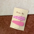 Pink checkered and twill fabric teardrop hair clips set on Korean design card - Pink Plaid and Solid Pink