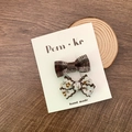 Barrettes à cheveux en tissu à carreaux marron et fleurs vertes style vintage doux - Ensemble deux pièces avec nœud papillon