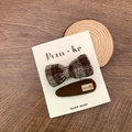 Set of two brown plaid bow and oval baby hair clips with cute bear label on display card - Bowknot + Drop Shape