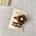 Lot de barrettes fleur en velours marron et carreaux beige pour filles - Fleurs Rayées
