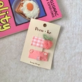 Pink strawberry fabric hair clip set with gingham pattern and bear acrylic charms - Crystal Strawberry And Bear Clip