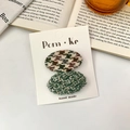 Retro houndstooth and green tweed oval hair clips set on handmade display card - Green Series