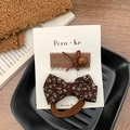 Ensemble barrette et chouchou à motif floral marron rétro en tissu doux - 【1】élastique À Cheveux Carré Avec Nœud