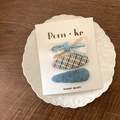 Three-piece hair clip set with blue lace bow, plaid oval, and denim teardrop clips - Blue Series