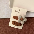 Korean style brown fabric flower hair clip set with cream corduroy accents - Flower + Pleated Square
