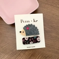 Purple floral fabric clip and grey felt hedgehog hair pin set on white card base - Hedgehog And Square Floral Style