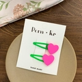 Barrettes à cheveux cœur fluo en vert mat et rose vif pour filles, fait main - Forme de Cœur / Vert