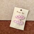 Korean style pink plaid fabric hair clip set with two sweet hair accessories on display card - Plaid Oval Drip Set / Pink