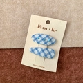 Pair of blue gingham fabric hair clips for girls including oval and drop shaped designs - Plaid Oval Drip Set / Blue