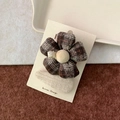 Korean style checkered floral and beige knit hair clip set for girls in milk coffee brown - Plaid Large Flower + Drop