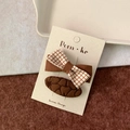 Brown fabric hair clip set with checkered bow and floral pattern for girls - Plaid Bow + Oval