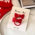 Pair of red satin bow hair ties with delicate floral embroidery on display card - Red