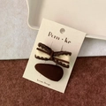 Beige and brown Korean fabric bow and oval clip set on a display card for girls - Flower Bow + Rounded Triangle