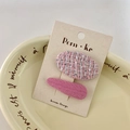 Pink woven geometric heart and drop hair clips set for kids on a cream display card - Pink Sequins Stripe Style (NK732)