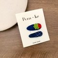 Cute Korean style blue fabric hair clips with handmade clover and strawberry details - Strawberry And Grid