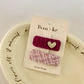 Pink tweed and corduroy hair clips with golden heart detail for kids, 2-piece set - Rose Red Heart Square Weaving Style (NK732)