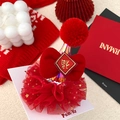 Fermaglio per capelli festivo con fiocco di velluto rosso, pompon e simbolo Fu cinese - Fermaglio Cappello Luminoso Carattere Cinese Fu
