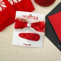 Red bow hair clip and printed BB clip set on display card for winter festive styling - Pearl Bow & Floral Teardrop Style