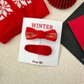 Red velvet hair clip set with embroidered bow and oval barrette for girls' hairstyles - Small Bow & Teardrop Style