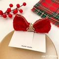 Red tweed bow hair clip with golden crown and rhinestones for festive celebrations - Crown Bow Style