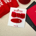 Winter festive red velvet bow and gemstone hair clip set for children on white card - Flocked Bow & Oval Style