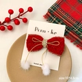 Red bow hair clip with white pom-poms and metal buckle for festive girls' hair accessory - White Plush Ball Bowknot Style