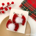 Barrettes à nœud en tweed rouge avec pompon en fourrure blanche pour filles - Style Deux Pièces Nœud Pompon