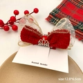 Barrette à nœud en tweed rouge avec couronne de strass et dentelle dorée pour les fêtes - Style Nœud Mesh Couronne Latérale