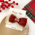 Nœud en tweed rouge avec couronne de strass sur carte, accessoire cheveux festif pour filles - Style Nœud Couronne Plaid Central