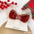 Barrette à cheveux en tweed rouge avec couronne dorée et tulle pour filles en fête - Style Nœud Couronne Plaid Latérale