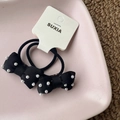 Set of two black bow hair ties with hand-sewn pearls for a sweet aesthetic - Black Pearl Bowknot