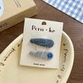 Navy tweed and blue striped fabric bow hair clip set on a handmade display card - Tweed Button Set