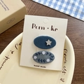 Lace bow fabric hair clip set with navy star and floral embroidery on display card - Star Floral Embroidery