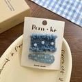 Lace bow denim hair clip set with white pearls and silver sequins on paper card - Denim Pearl Lace