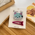 Sparkly fox and pink bow hair clip set for girls made with glitter fabric on white card - Blue Cat