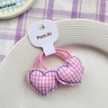 Pink gingham fabric heart hair ties for girls on a paper display card, set of two - Pink Heart