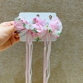 Pinzas de pelo con lazo rosa y encaje de organza con borlas de perlas en tarjeta - Serie Rosa