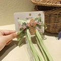 Fermaglio per capelli con fiocco di nastro verde e fiori ricamati per bambine stile antico - Sistema Verde