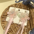 Barrettes à fleurs en dentelle rose pour filles avec longs rubans et perles de cristal - Style fleur à pompons / Rose