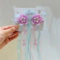 Hanfu-Haarspangen mit rosa Blumen, blauen Bändern und Perlenquasten - Lila Pfirsichblütenband