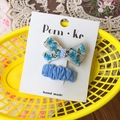 Blue floral embroidery bow hair clips and light blue fabric pins on display card - Hair Clip Set / Blue Series