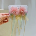 Rosa und gelbe Organza Blumen Haarspangen mit langen Quasten im Hanfu Stil für Mädchen - Oranges Staubblattband