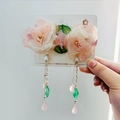 Pink hanfu floral hair clip set with long tassel beads and pearl flower details - Stamen Green Leaf Style