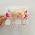 Pink tulle flower hair clip with pearl tassels and water drop pendants for girls - Flower Water Drop Style