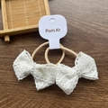 Pair of elegant white lace bow hair ties with pearl centers on display card - Artificial Pearl Bowknot / Two-Piece Set