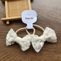 Set of two cream white lace bow hair ties with floral embroidery on pink elastic rope - Rolled Edge Bow / Two-Piece Set